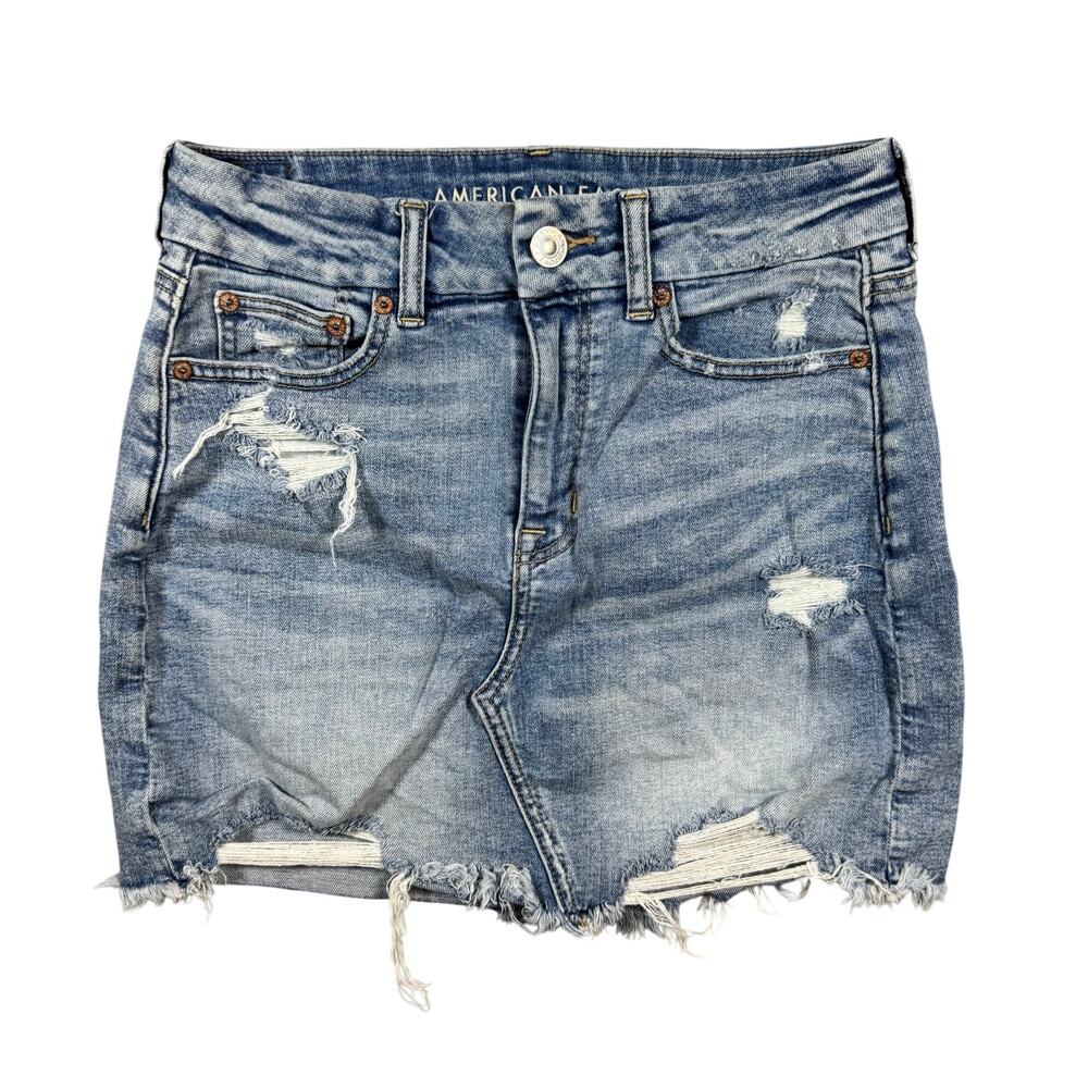 American Eagle Women's Curvy High Rise Super Stretch Distressed Jean‎ Skirt - 4 - Picture 2 of 9